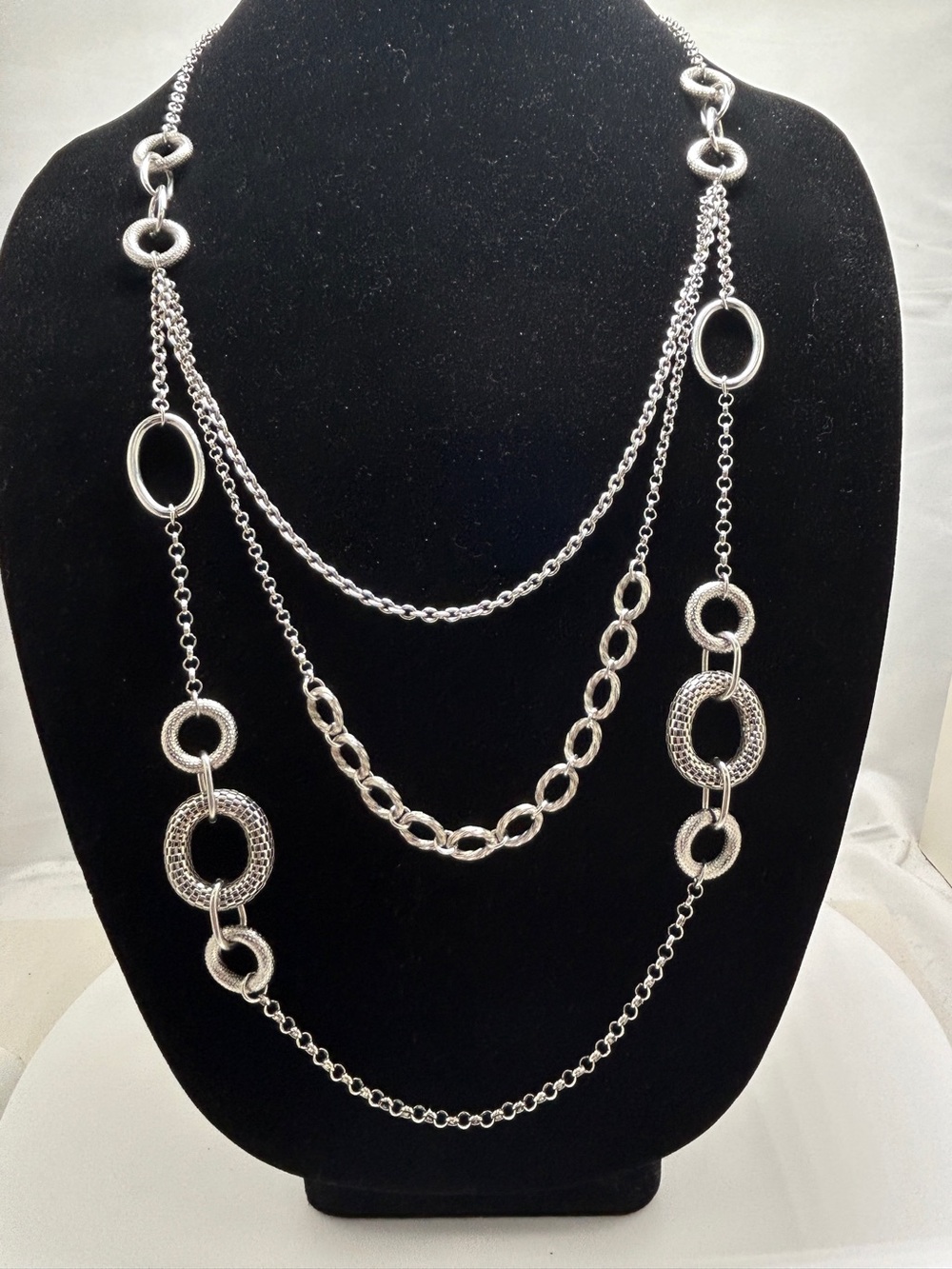 Pineapple Porch, Silver 3 Strand Long Necklace, NOC